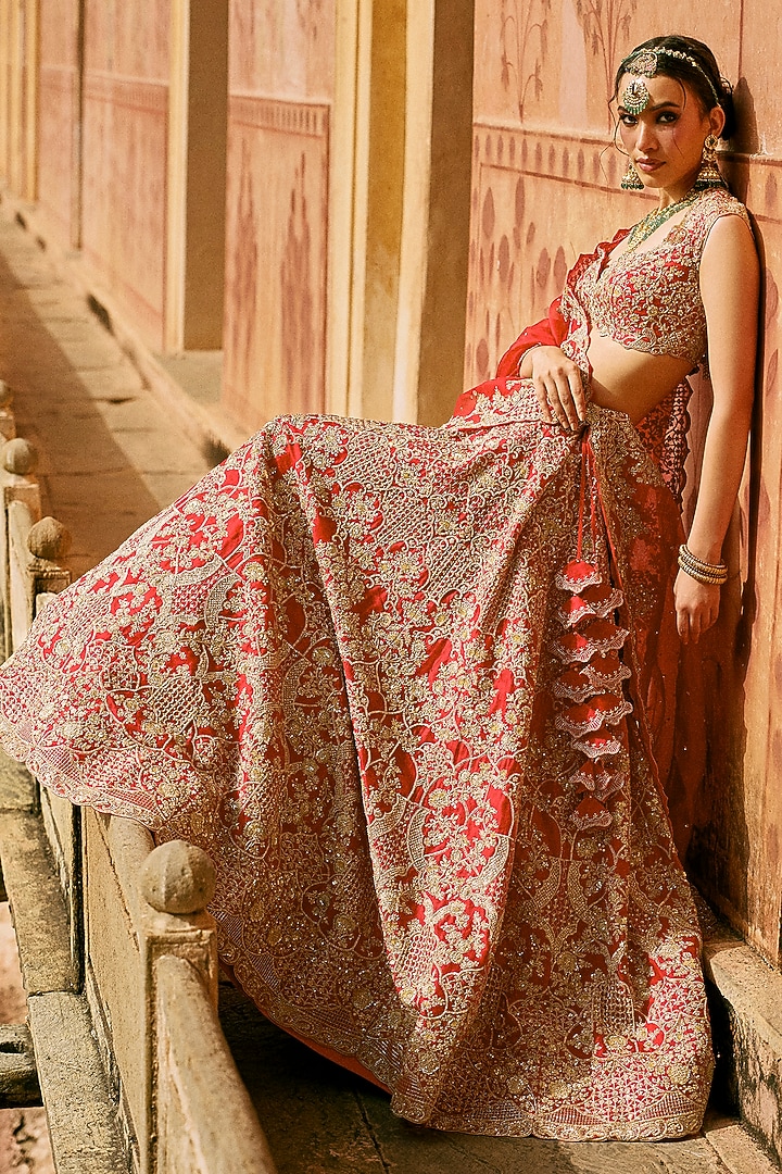 Red Organza Embroidered Bridal Lehenga Set by Anushree Reddy at Pernia's Pop Up Shop