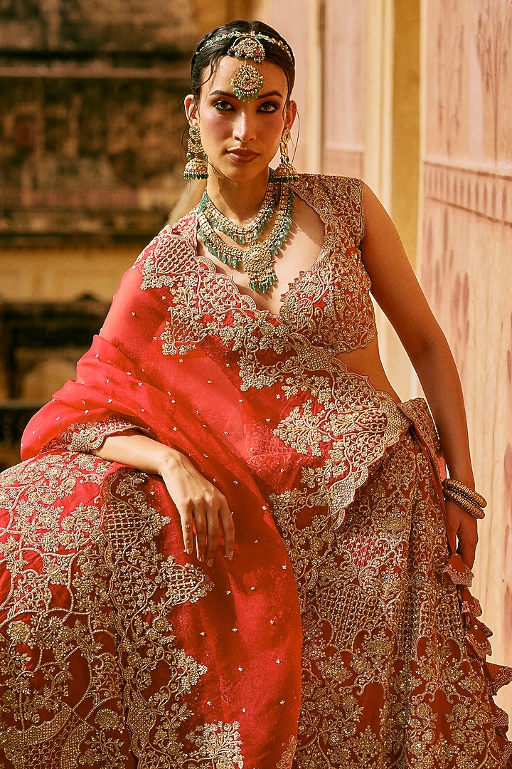 Red Organza Embroidered Bridal Lehenga Set by Anushree Reddy at Pernia's Pop Up Shop
