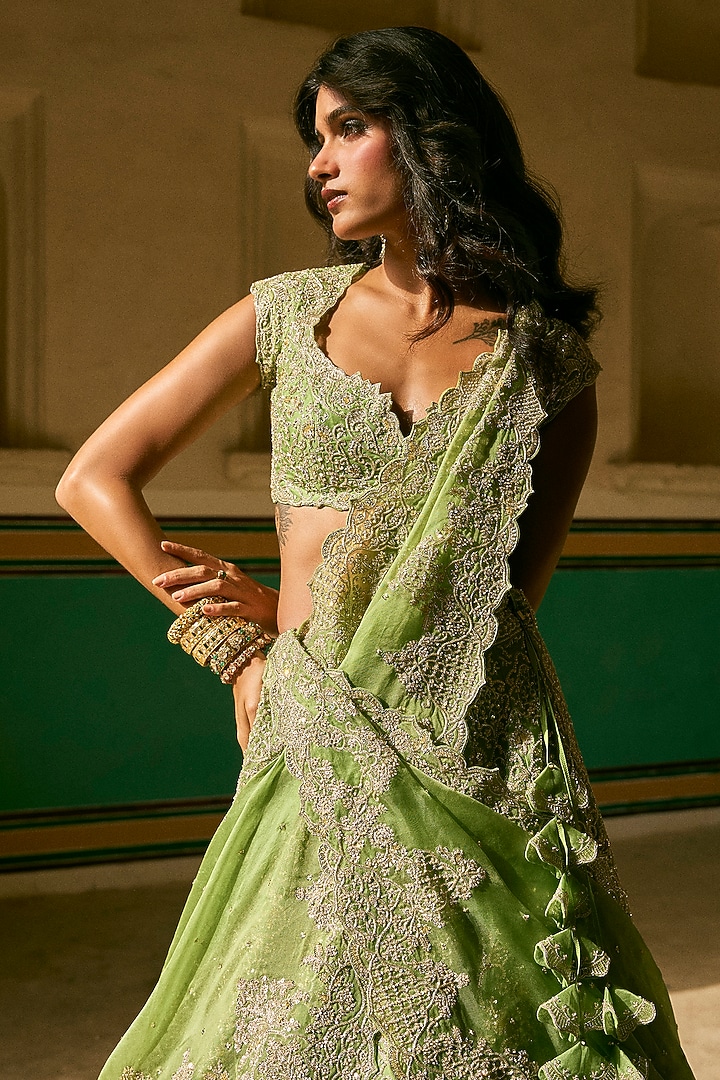 Green Organza Embroidered Bridal Lehenga Set by Anushree Reddy at Pernia's Pop Up Shop