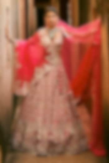 Cherry Red Organza Embroidered Bridal Lehenga Set by Anushree Reddy at Pernia's Pop Up Shop