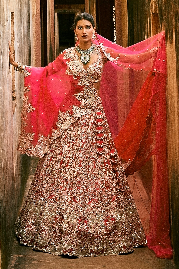Cherry Red Organza Embroidered Bridal Lehenga Set by Anushree Reddy at Pernia's Pop Up Shop