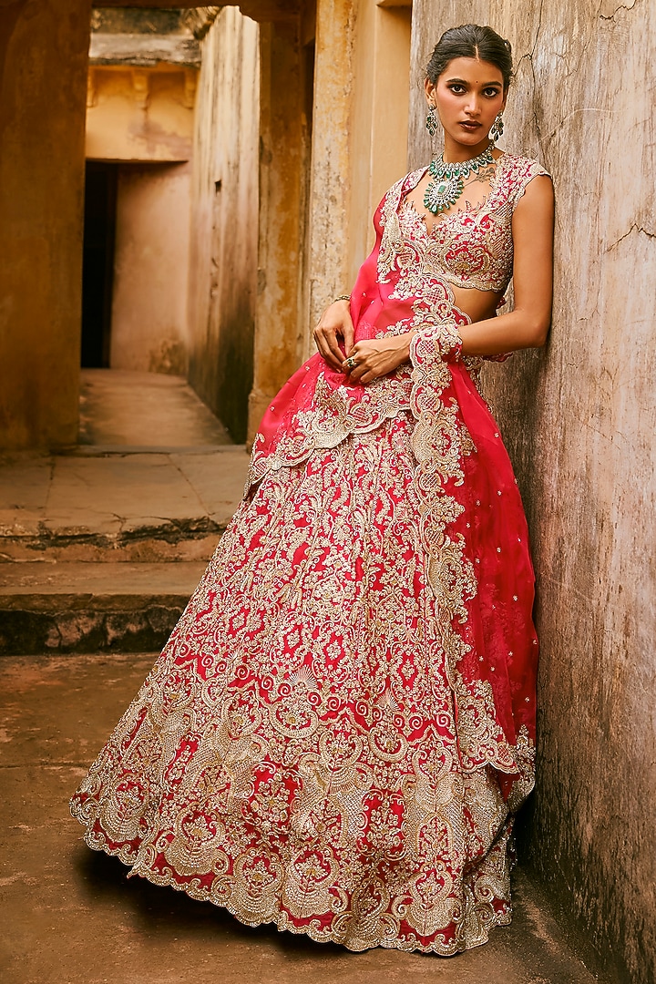 Cherry Red Organza Embroidered Bridal Lehenga Set by Anushree Reddy at Pernia's Pop Up Shop