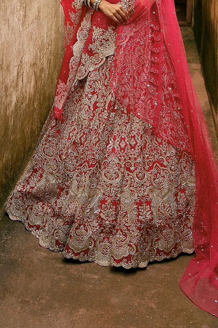 Cherry Red Organza Embroidered Bridal Lehenga Set by Anushree Reddy at Pernia's Pop Up Shop