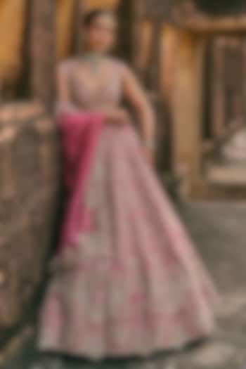 Pink Organza Embroidered Bridal Lehenga Set by Anushree Reddy at Pernia's Pop Up Shop
