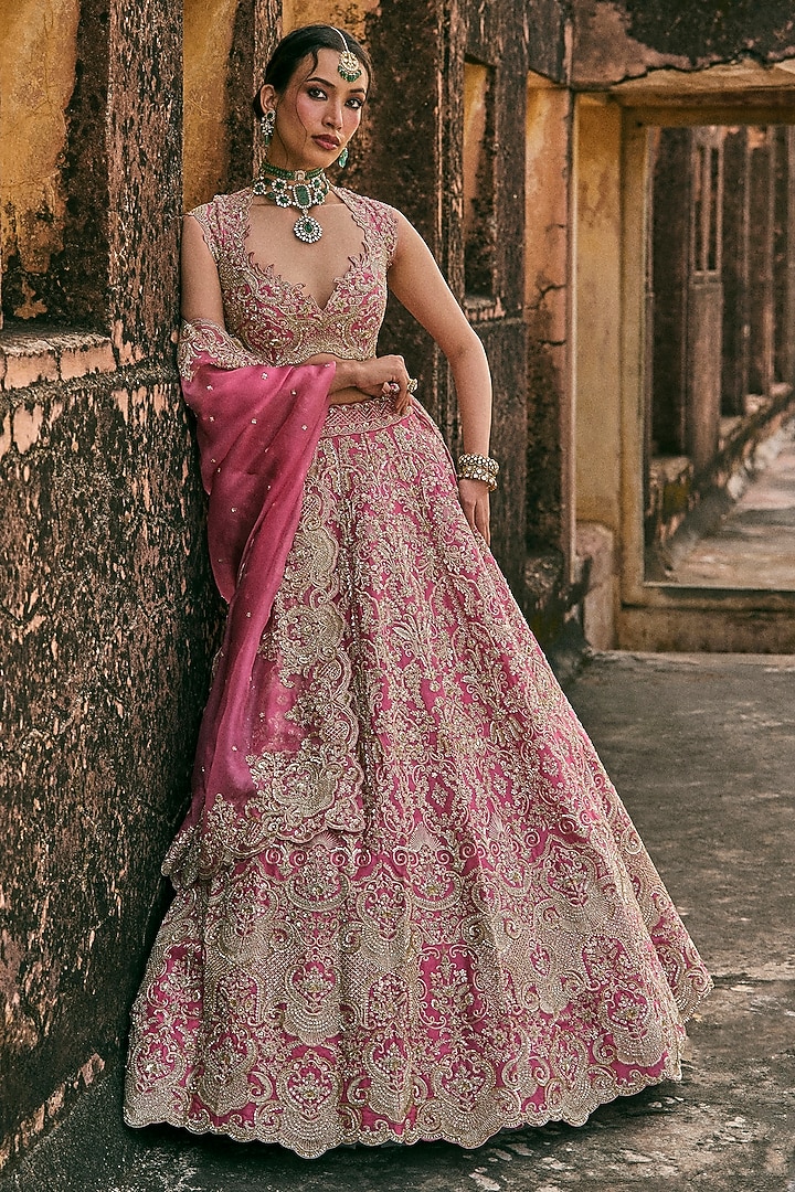 Pink Organza Embroidered Bridal Lehenga Set by Anushree Reddy at Pernia's Pop Up Shop