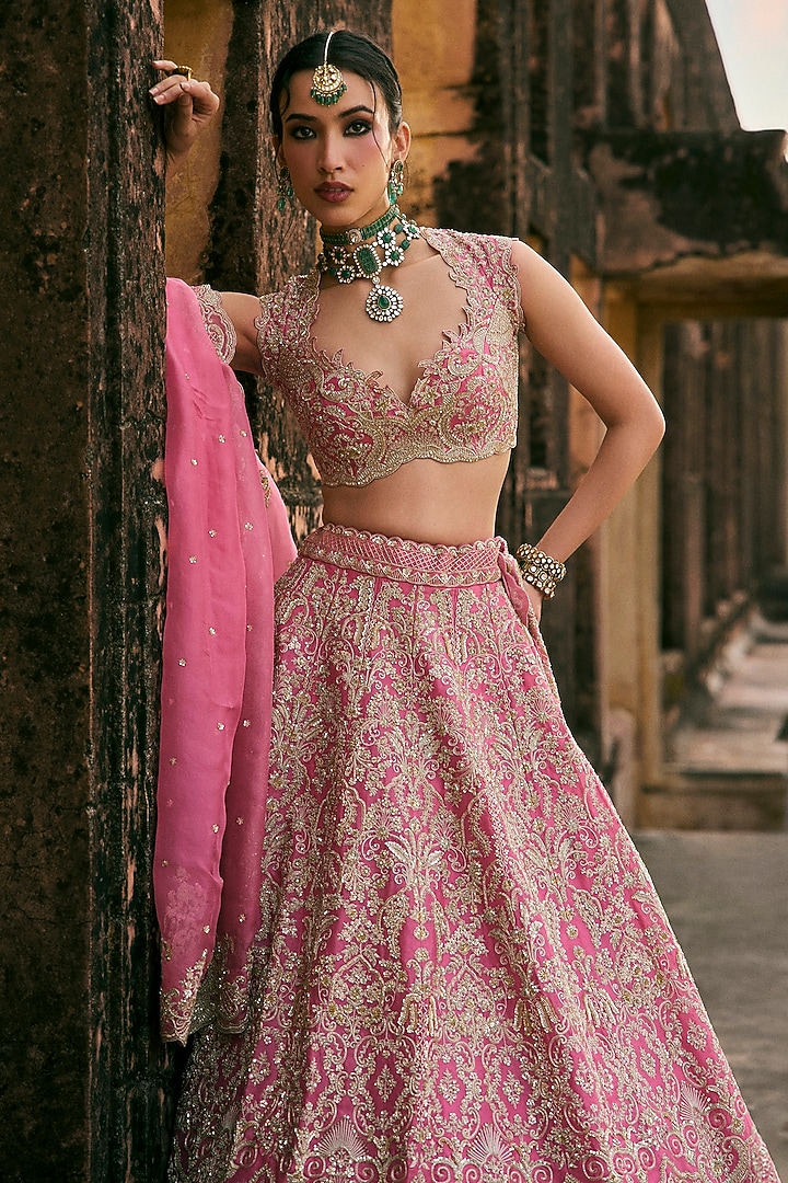 Pink Organza Embroidered Bridal Lehenga Set by Anushree Reddy at Pernia's Pop Up Shop