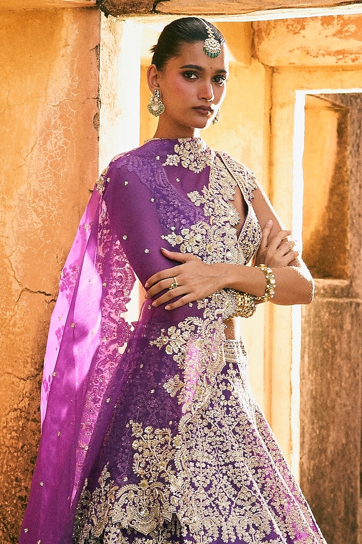 Purple Organza Embroidered Bridal Lehenga Set by Anushree Reddy at Pernia's Pop Up Shop