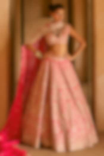 Cherry Red Organza Embroidered Bridal Lehenga Set by Anushree Reddy at Pernia's Pop Up Shop