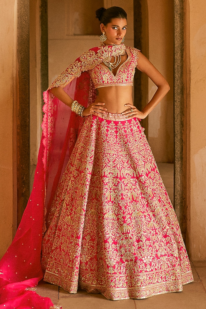 Cherry Red Organza Embroidered Bridal Lehenga Set by Anushree Reddy at Pernia's Pop Up Shop