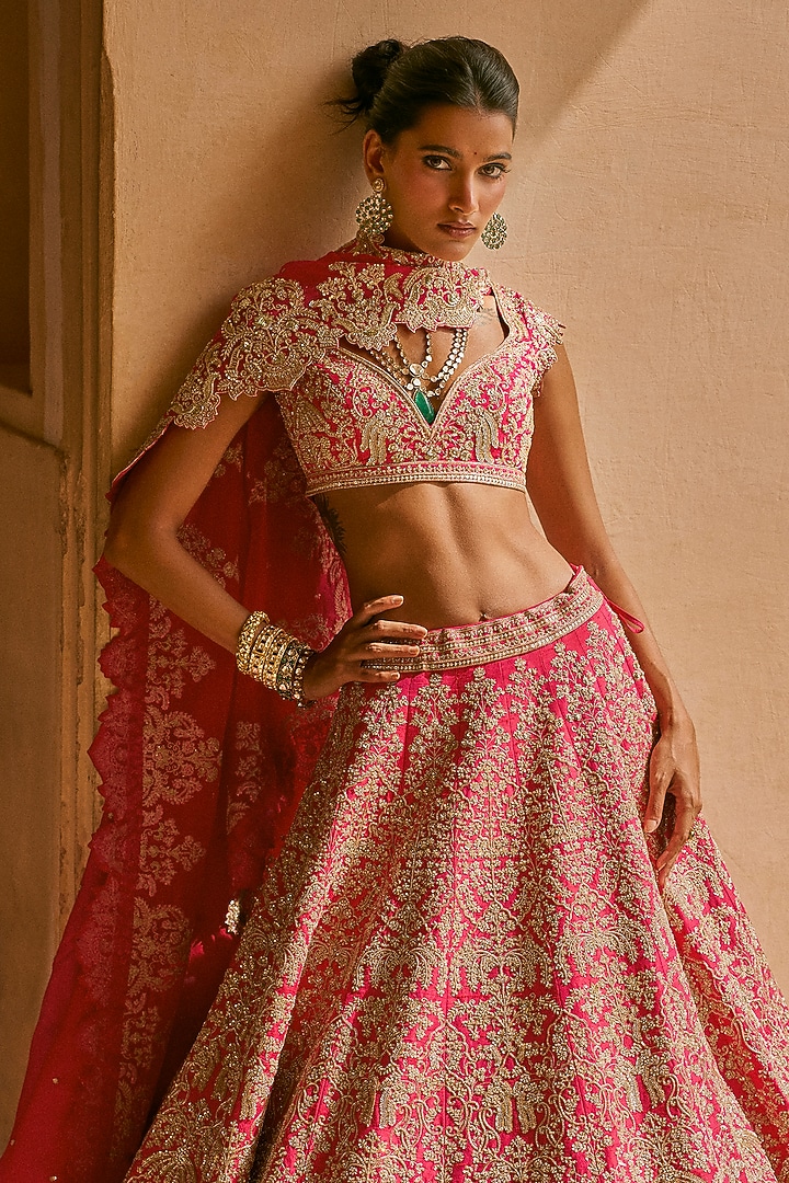 Cherry Red Organza Embroidered Bridal Lehenga Set by Anushree Reddy at Pernia's Pop Up Shop