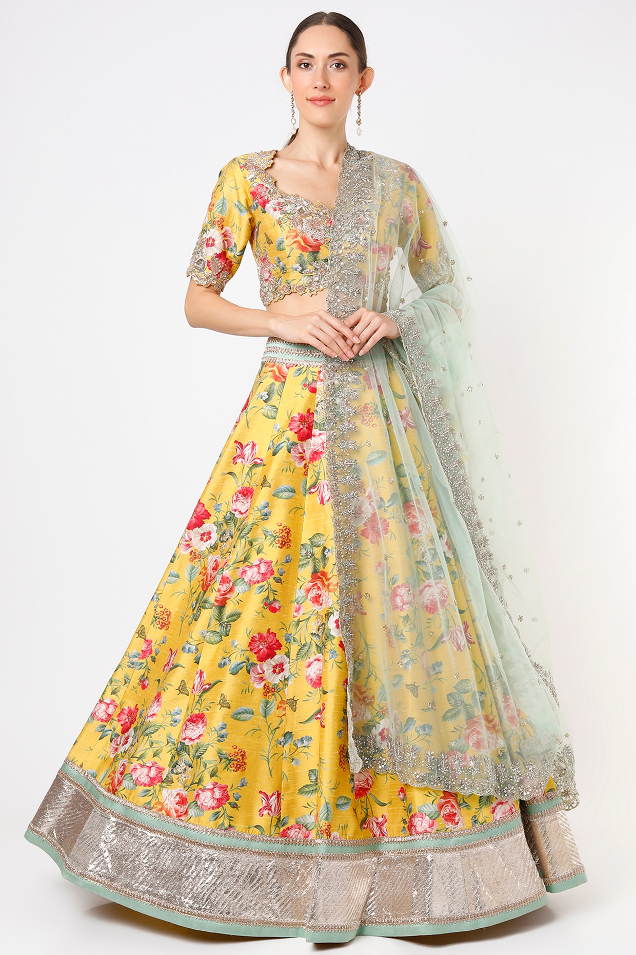 Lime Green Floral Printed Lehenga in Organza with Sequins Work