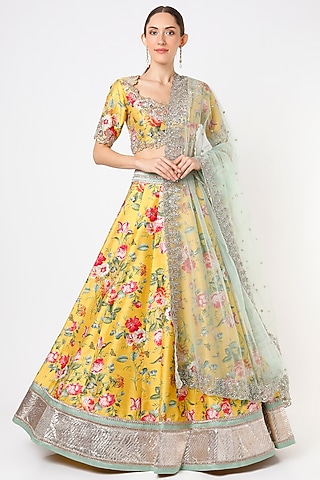 Yellow Embroidered & Printed Lehenga Set by Anushree Reddy