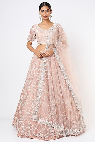Blush Pink Embroidered Scalloped Lehenga Set by Anushree Reddy