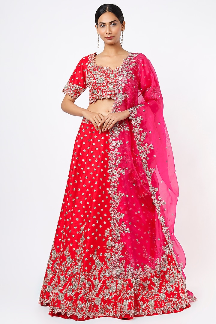 Red Embroidered Lehenga Set by Anushree Reddy