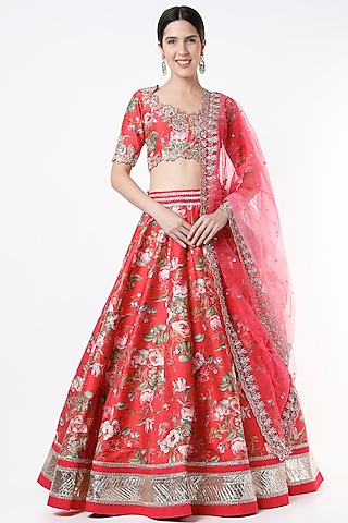 Red Embroidered & Printed Lehenga Set by Anushree Reddy