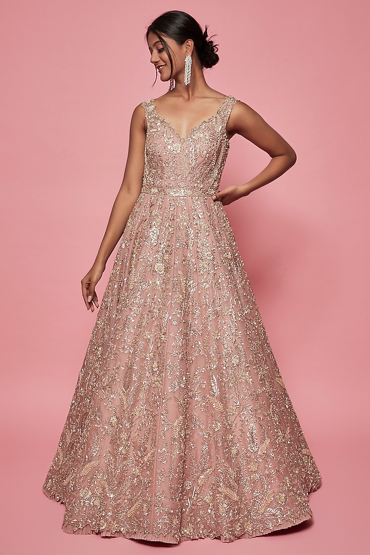 Blush Pink Organza Embroidered Gown by Anushree Reddy