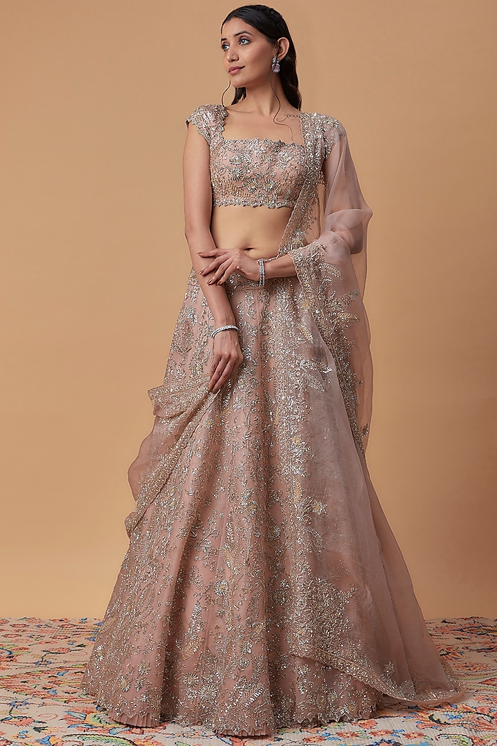 Pink Organza Embroidered Bridal Lehenga Set by Anushree Reddy at Pernia's Pop Up Shop