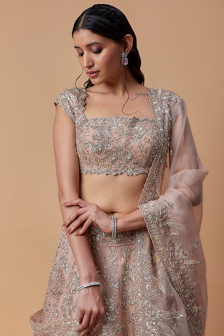 Pink Organza Embroidered Bridal Lehenga Set by Anushree Reddy at Pernia's Pop Up Shop