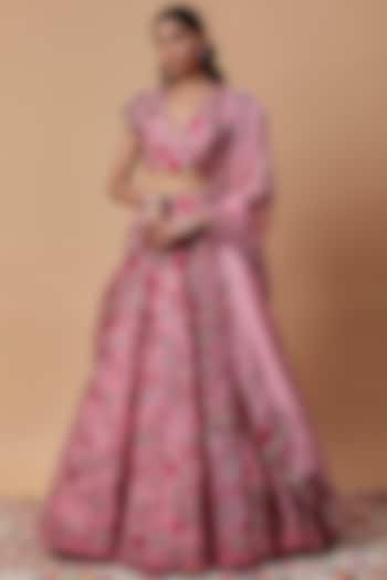 Pink Organza Thread Embroidered Bridal Lehenga Set by Anushree Reddy at Pernia's Pop Up Shop