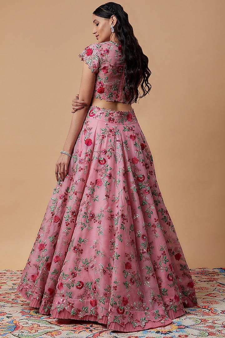 Pink Organza Thread Embroidered Bridal Lehenga Set by Anushree Reddy at Pernia's Pop Up Shop