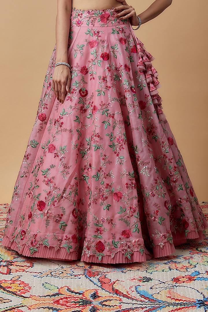 Pink Organza Thread Embroidered Bridal Lehenga Set by Anushree Reddy at Pernia's Pop Up Shop