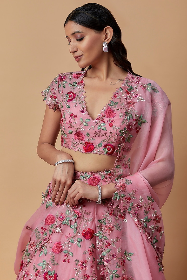 Pink Organza Thread Embroidered Bridal Lehenga Set by Anushree Reddy at Pernia's Pop Up Shop