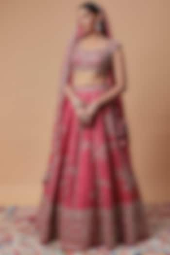 Red Raw Silk Embroidered Bridal Lehenga Set by Anushree Reddy at Pernia's Pop Up Shop