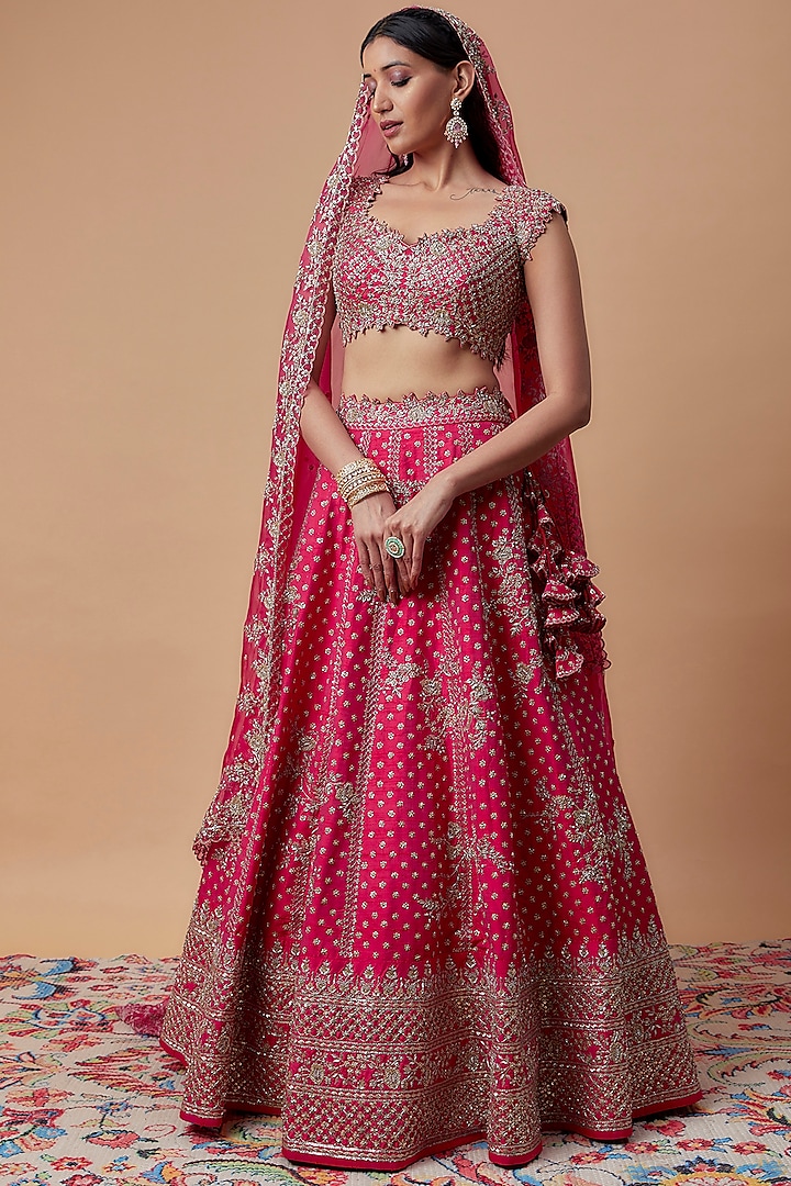 Red Raw Silk Embroidered Bridal Lehenga Set by Anushree Reddy at Pernia's Pop Up Shop