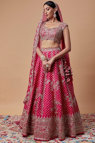 Red Raw Silk Embroidered Lehenga Set by Anushree Reddy