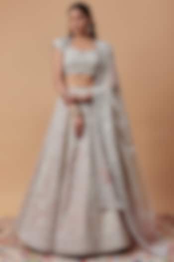 Blush Pink & Ivory Organza Embroidered Bridal Lehenga Set by Anushree Reddy at Pernia's Pop Up Shop