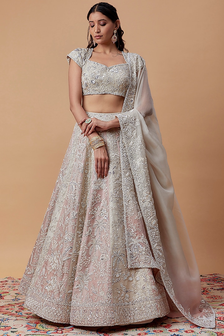 Blush Pink & Ivory Organza Embroidered Bridal Lehenga Set by Anushree Reddy at Pernia's Pop Up Shop