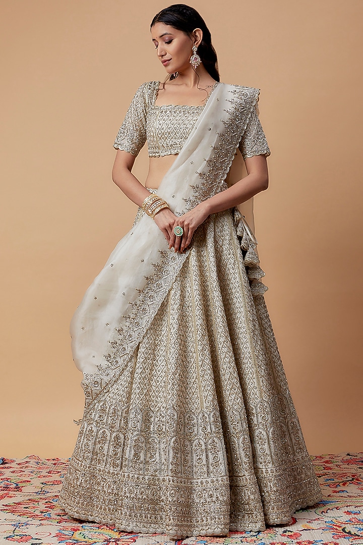 Ivory Organza Embroidered Bridal Lehenga Set by Anushree Reddy at Pernia's Pop Up Shop