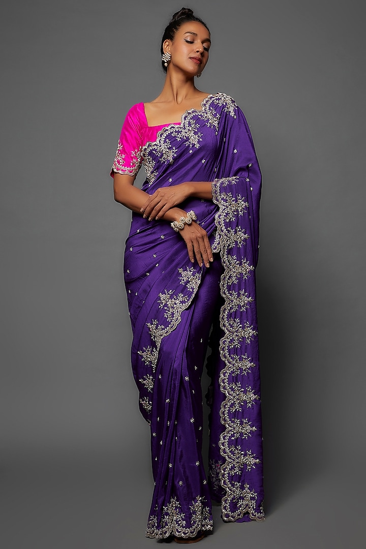 Purple Dupion Silk Embroidered Saree Set by Anushree Reddy at Pernia's Pop Up Shop