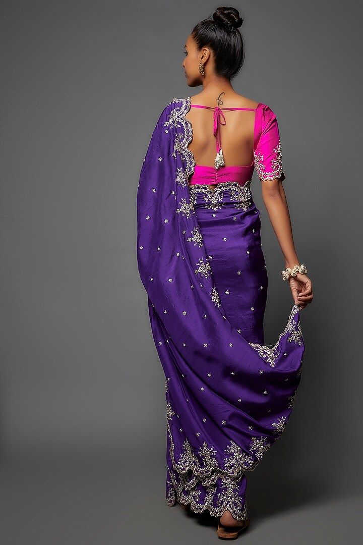Purple Dupion Silk Embroidered Reception Saree Set by Anushree Reddy at Pernia's Pop Up Shop