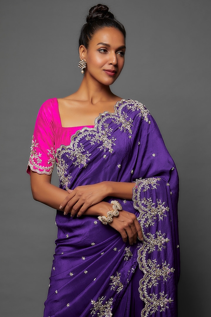 Purple Dupion Silk Embroidered Reception Saree Set by Anushree Reddy at Pernia's Pop Up Shop