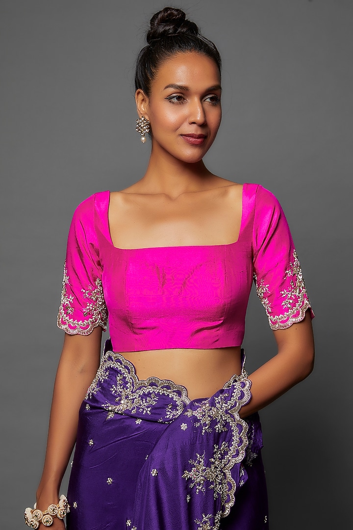 Purple Dupion Silk Embroidered Reception Saree Set by Anushree Reddy at Pernia's Pop Up Shop