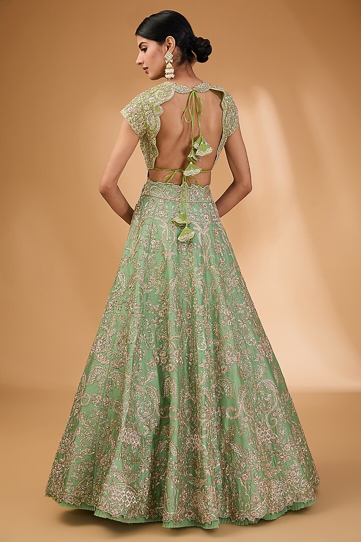 Mint Green Organza Zardosi Hand Embroidered Bridal Lehenga Set by Anushree Reddy at Pernia's Pop Up Shop