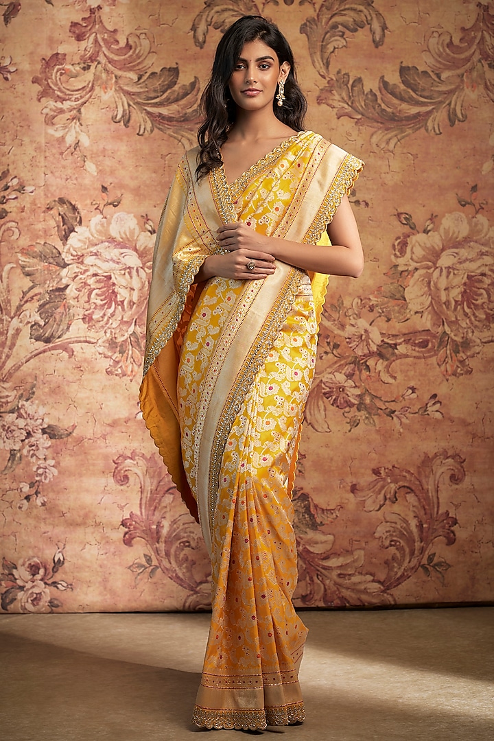 Yellow Banarasi Silk Zardosi Embroidered Saree Set by Anushree Reddy at Pernia's Pop Up Shop