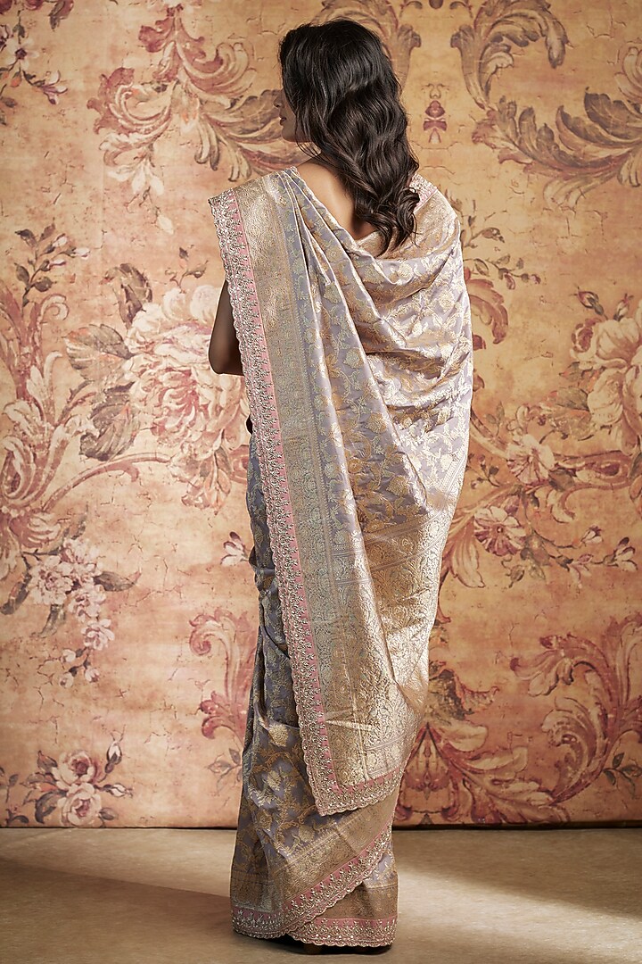 Grey Banarasi Silk Zardosi Embroidered Bridal Saree Set by Anushree Reddy at Pernia's Pop Up Shop