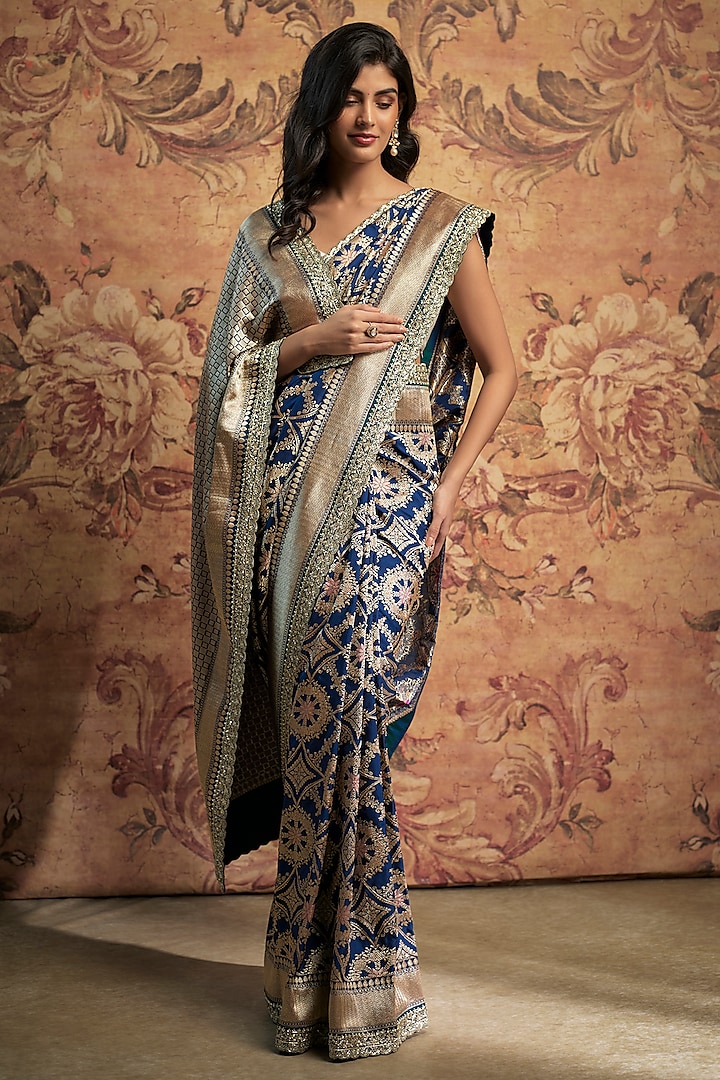 Royal Blue Banarasi Silk Zardosi Embroidered Saree Set by Anushree Reddy