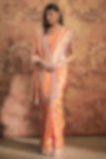 Orange Banarasi Silk Zardosi Embroidered Saree Set by Anushree Reddy