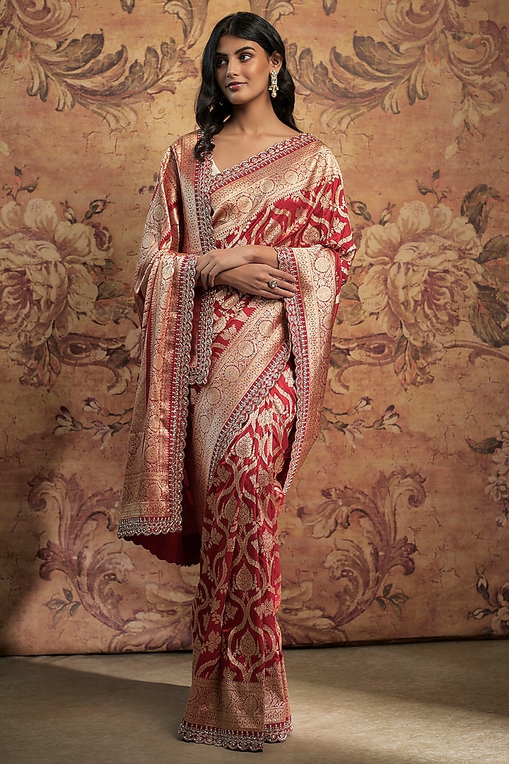 Red Banarasi Silk Zardosi Embroidered Saree Set by Anushree Reddy