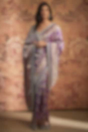 Purple Banarasi Silk Zardosi Embroidered Bridal Saree Set by Anushree Reddy at Pernia's Pop Up Shop