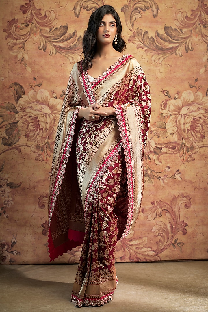 Maroon Banarasi Silk Zardosi Embroidered Saree Set by Anushree Reddy