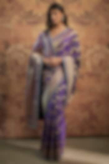 Purple Banarasi Silk Zardosi Embroidered Saree Set by Anushree Reddy
