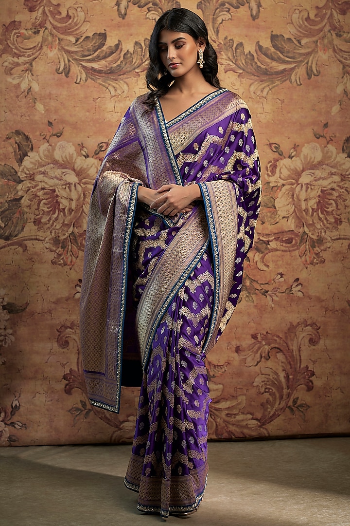 Purple Banarasi Silk Zardosi Embroidered Bridal Saree Set by Anushree Reddy at Pernia's Pop Up Shop