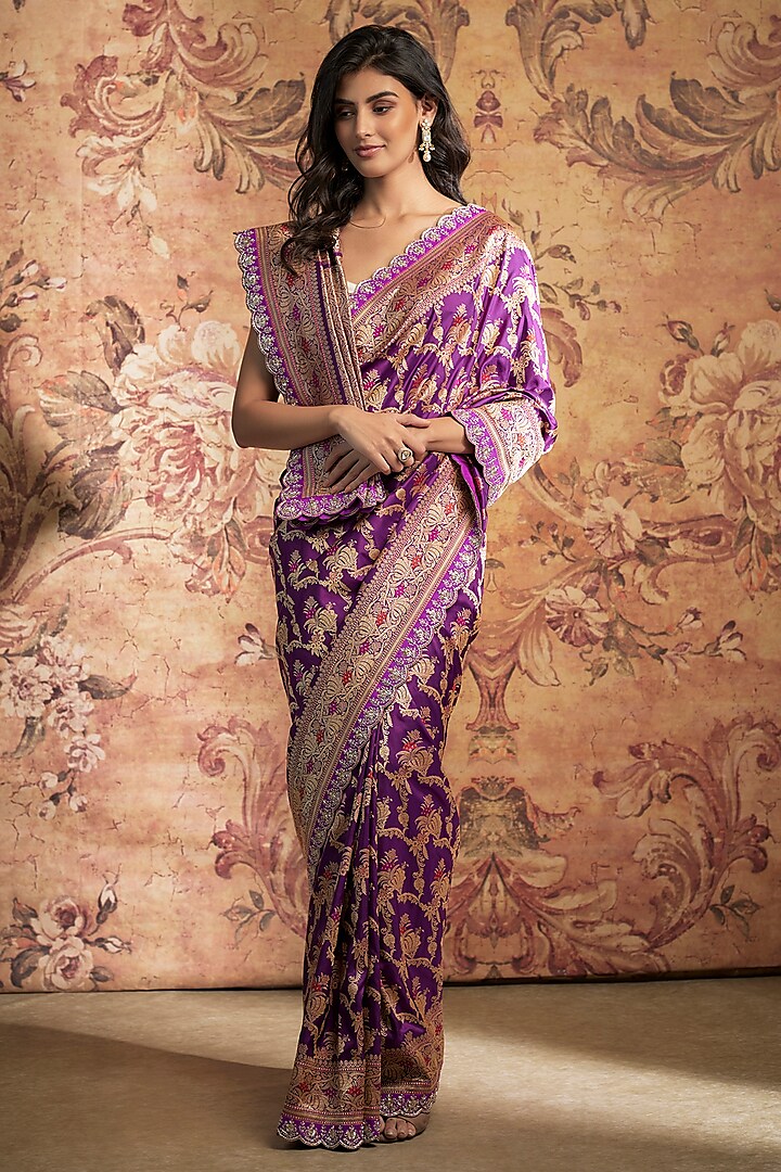 Purple Banarasi Silk Zardosi Embroidered Saree Set by Anushree Reddy