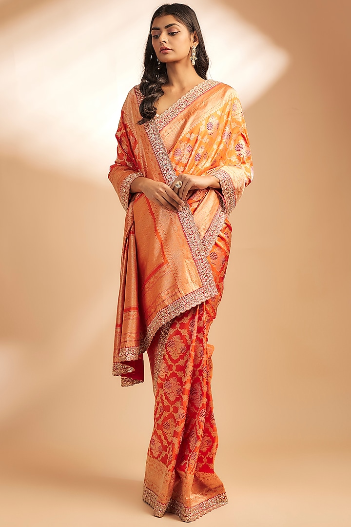 Orange Banarasi Silk Zardosi Embroidered Saree Set by Anushree Reddy at Pernia's Pop Up Shop