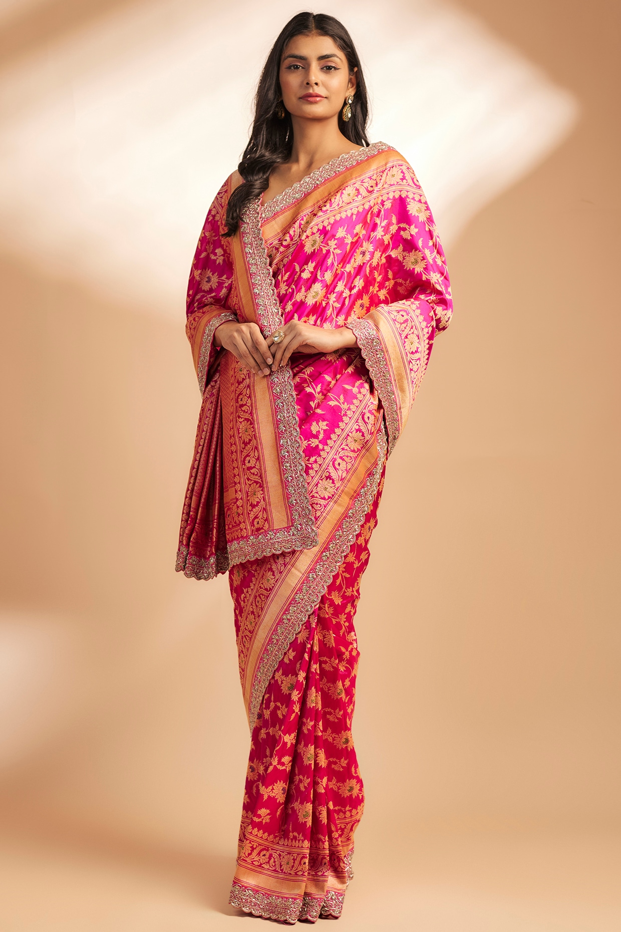 Neon Pink Embroidered Silk Saree with Red and store Gold Border