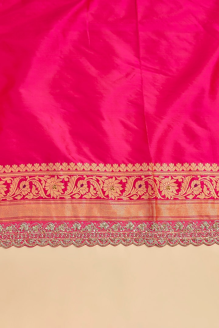 Hot Pink Banarasi Silk Zardosi Embroidered Bridal Saree Set by Anushree Reddy at Pernia's Pop Up Shop